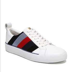 Diane von Furstenberg ‘Tess’ Leather Sneakers with colorblock silk and suede